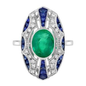 2.20ct Emerald Sapphire and Diamond Oval Cluster Plaque Ring, oval emerald in diamond surround accented with sapphires in 18ct white gold
