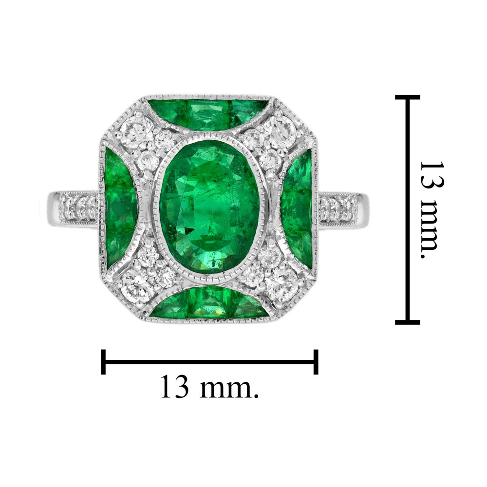 Art Deco Inspired 1.25ct Emerald and Diamond Cluster Engagement Ring, 1.25 carat oval emerald surrounded by sparkling brilliant diamonds accented with four half-moon shaped emerald sections set at each side of the square halo in 18ct white gold
