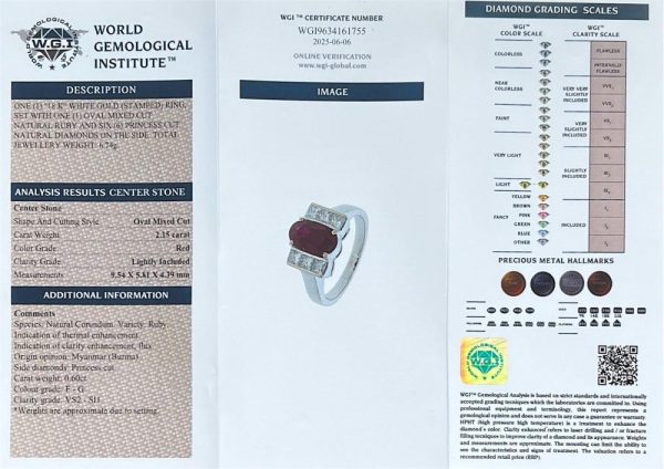 2.15ct Oval Ruby and Princess Cut Diamond Engagement Ring, vibrant oval mixed-cut natural ruby flanked by a row of vertically set square princess-cut diamonds to each side in 18ct white gold
