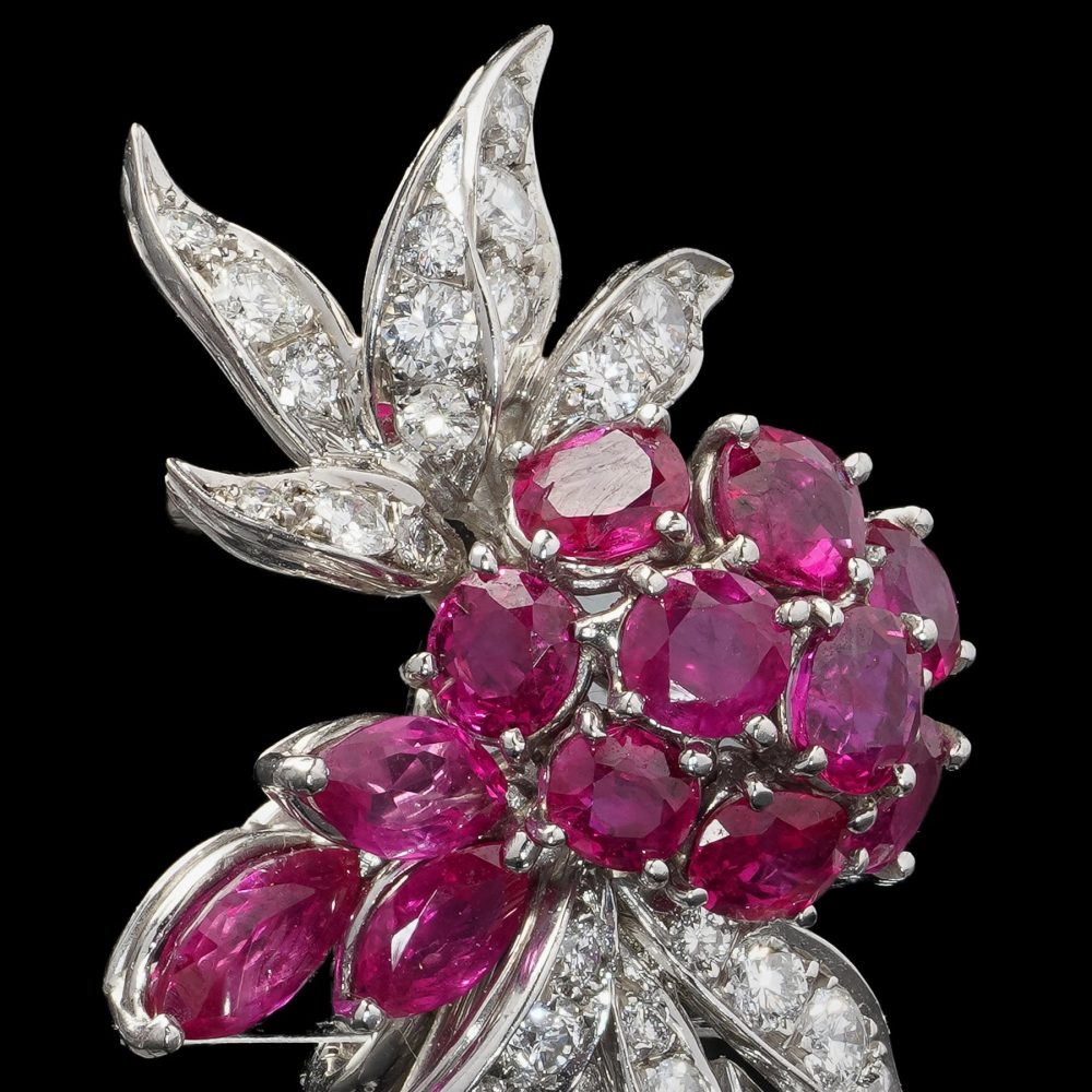 Vintage ruby and diamond earrings in platinum.