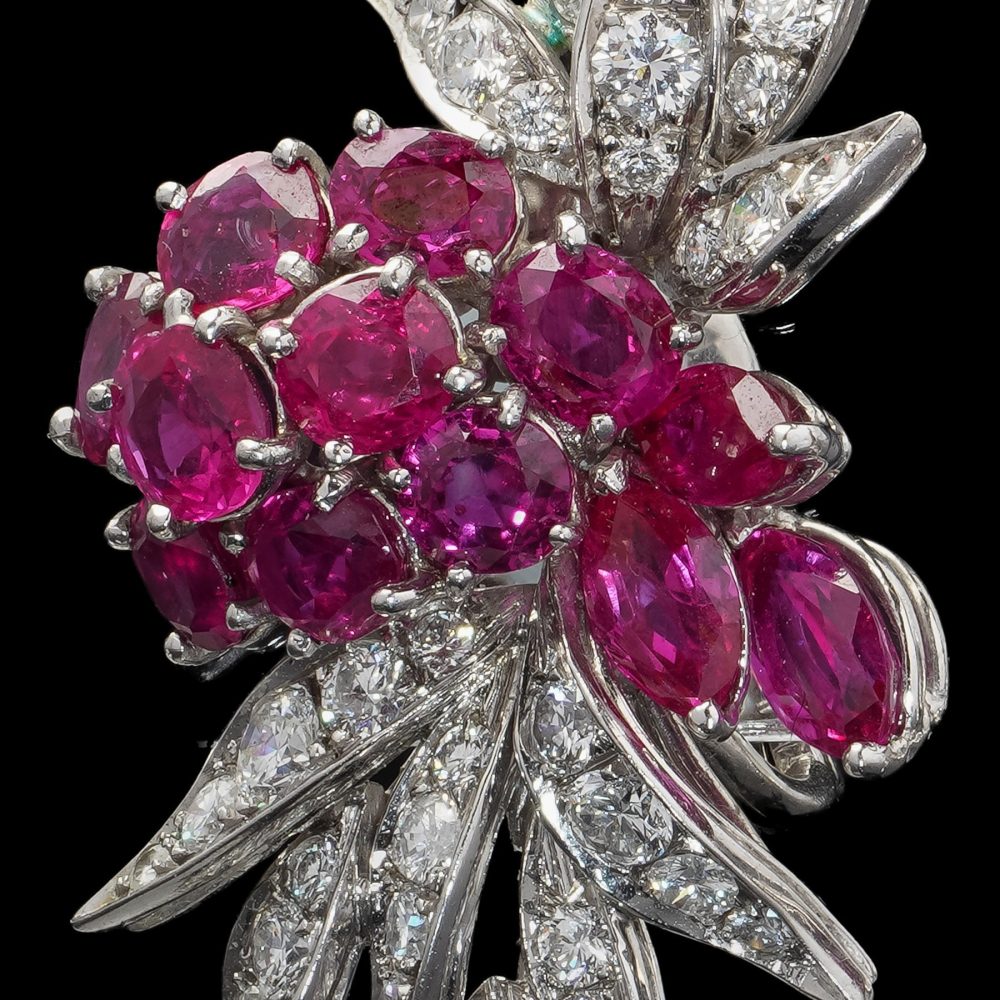 Vintage ruby and diamond earrings in platinum.