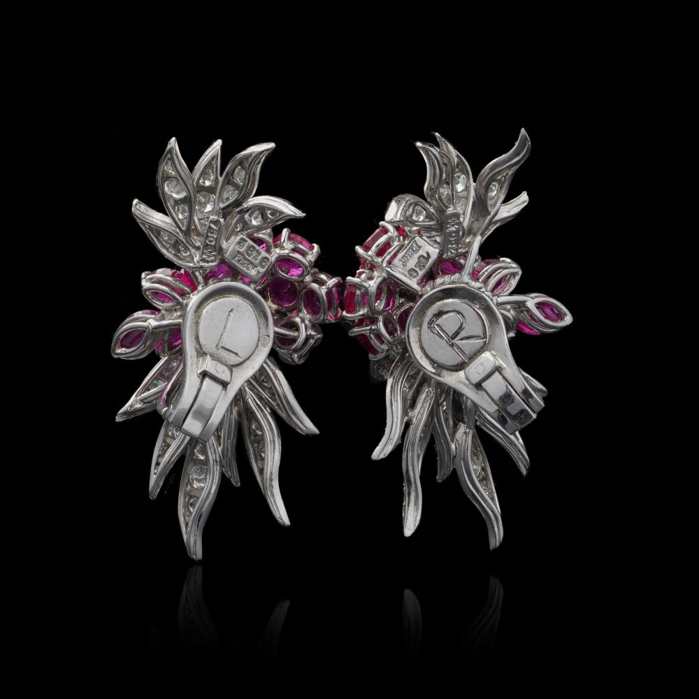 Vintage ruby and diamond earrings in platinum.