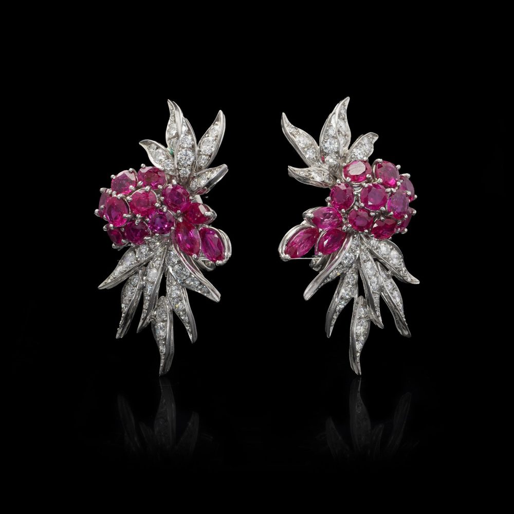 Vintage ruby and diamond earrings in platinum.