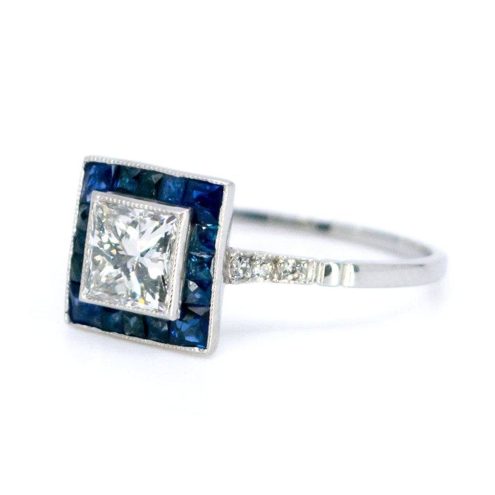 Vintage diamond and sapphire square ring in platinum.