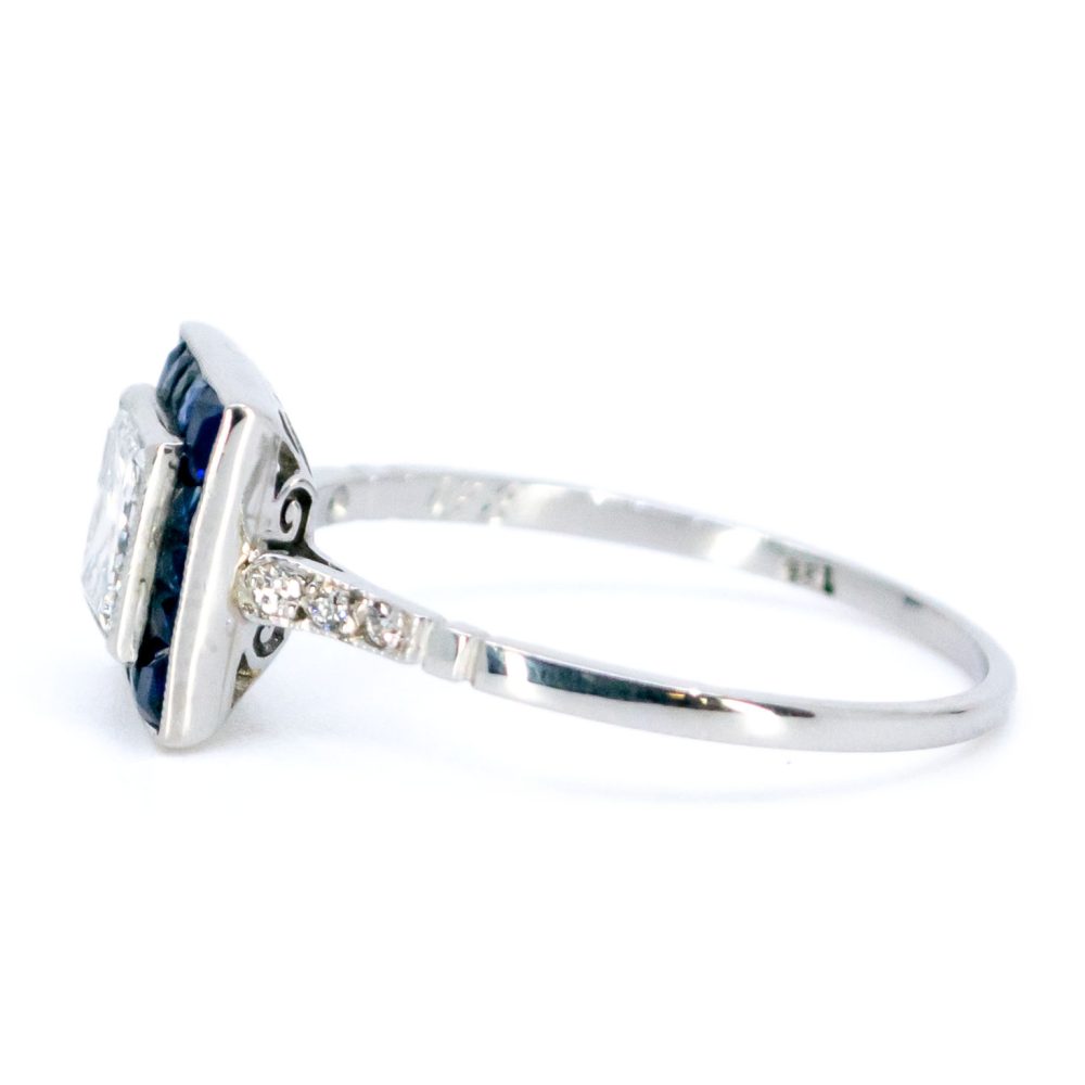 Vintage diamond and sapphire square ring in platinum.