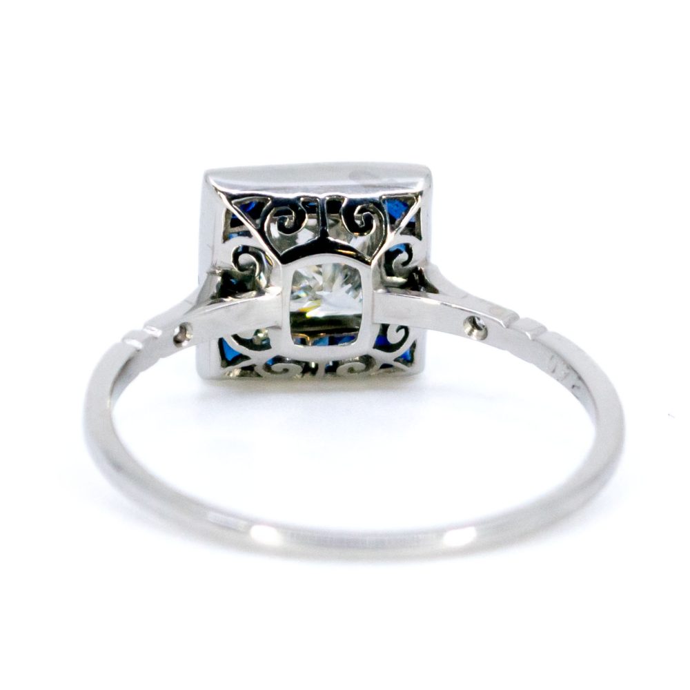 Vintage diamond and sapphire square ring in platinum.