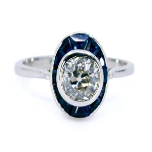 Vintage 1 Carat Old Cut Diamond And Sapphire Halo Ring In 18 Carat White Gold