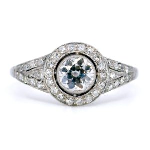 Vintage diamond halo ring in platinum.