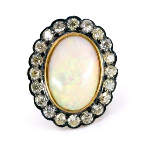 Vintage 6.5 Carat Opal And Old Cut Diamond Cluster Ring In 14 Carat Yellow Gold And Silver