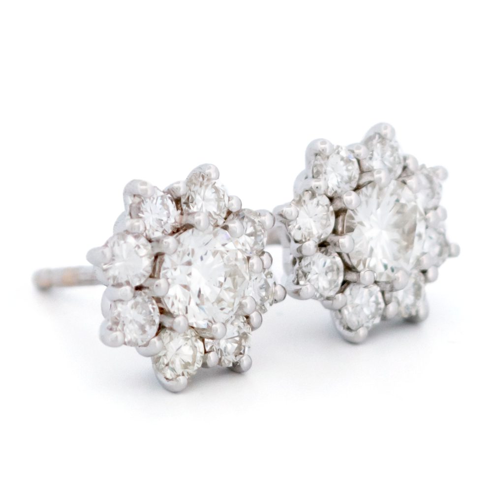 1.66ct Diamond Cluster Stud Earrings, H VS1 1.66 carats of sparkling round brilliant-cut diamonds with H colour and VS1 clarity in 18ct white gold with post and butterfly fittings