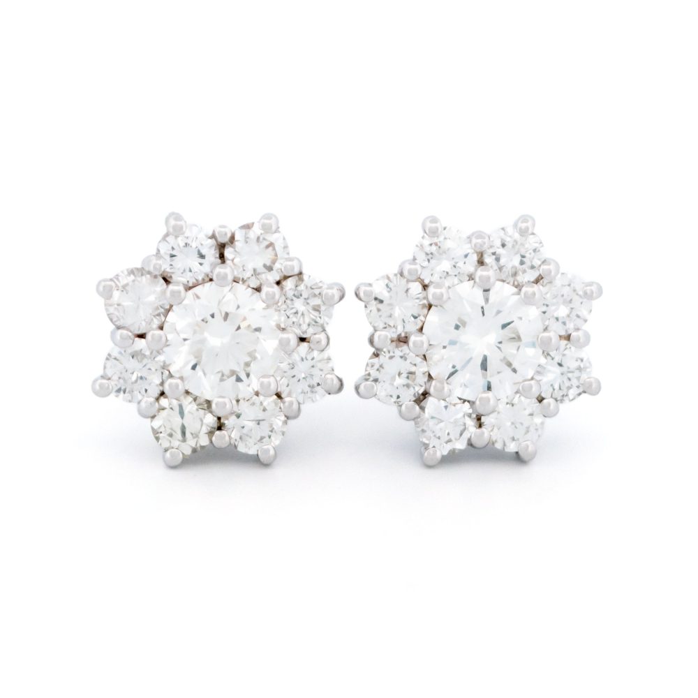 1.66ct Diamond Cluster Stud Earrings, H VS1 1.66 carats of sparkling round brilliant-cut diamonds with H colour and VS1 clarity in 18ct white gold with post and butterfly fittings