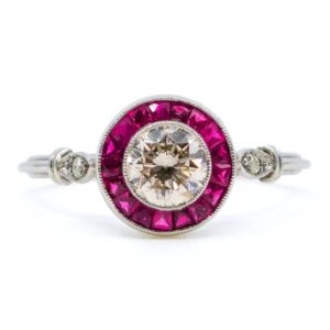 0.70ct Diamond and Ruby Halo Cluster Engagement Ring in Platinum