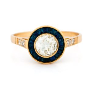 Vintage Old Cut Diamond And Sapphire Target Ring In 18 Carat Yellow Gold