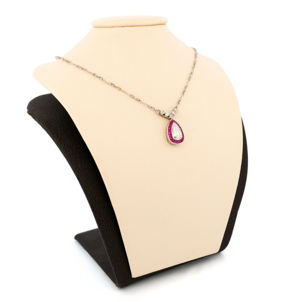 Vintage diamond and ruby necklace in platinum.