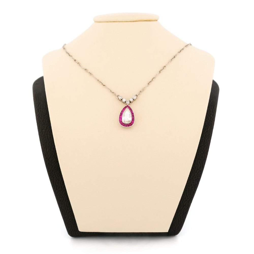 Vintage diamond and ruby necklace in platinum.