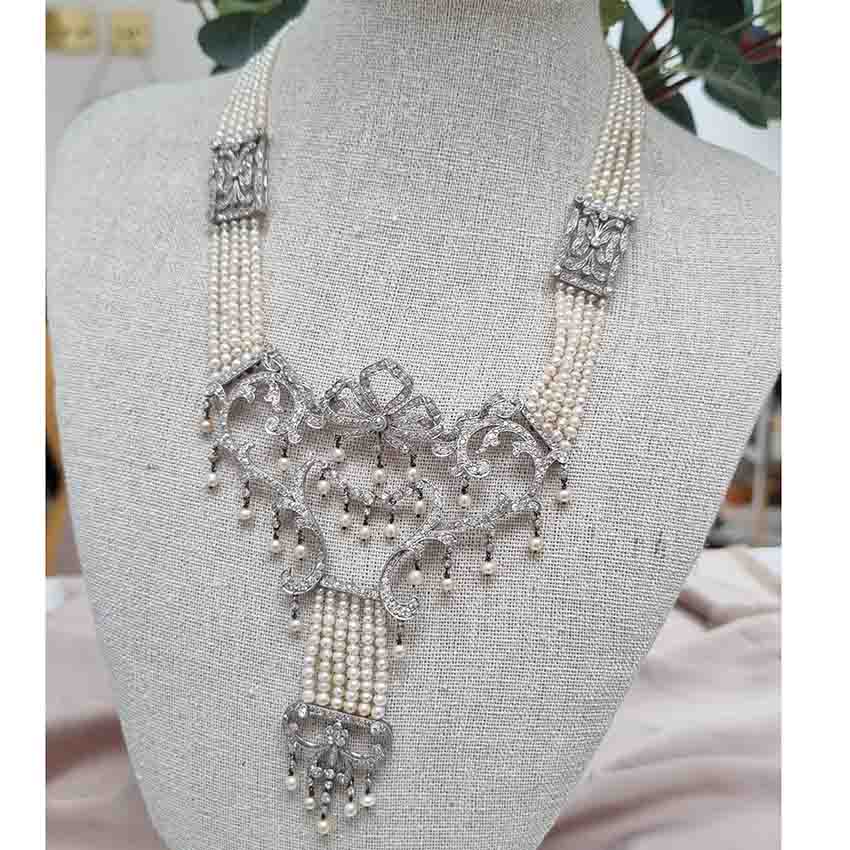 Edwardian Belle Epoque Antique Natural Pearl and Diamond Panel Swag Necklace