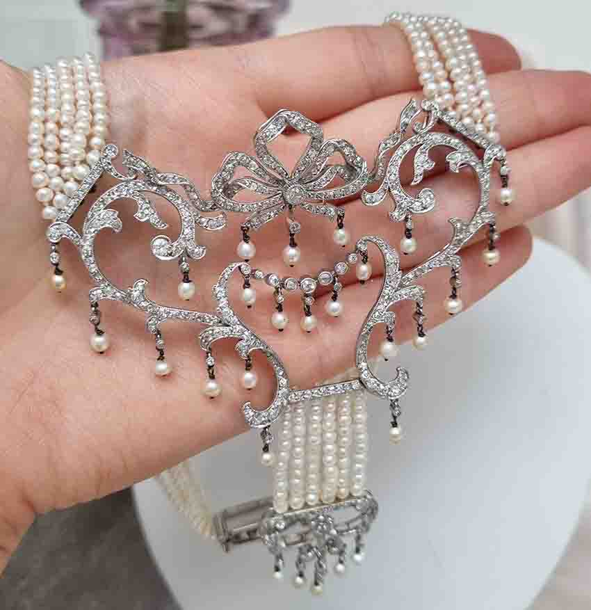 Edwardian Belle Epoque Antique Natural Pearl and Diamond Panel Swag Necklace