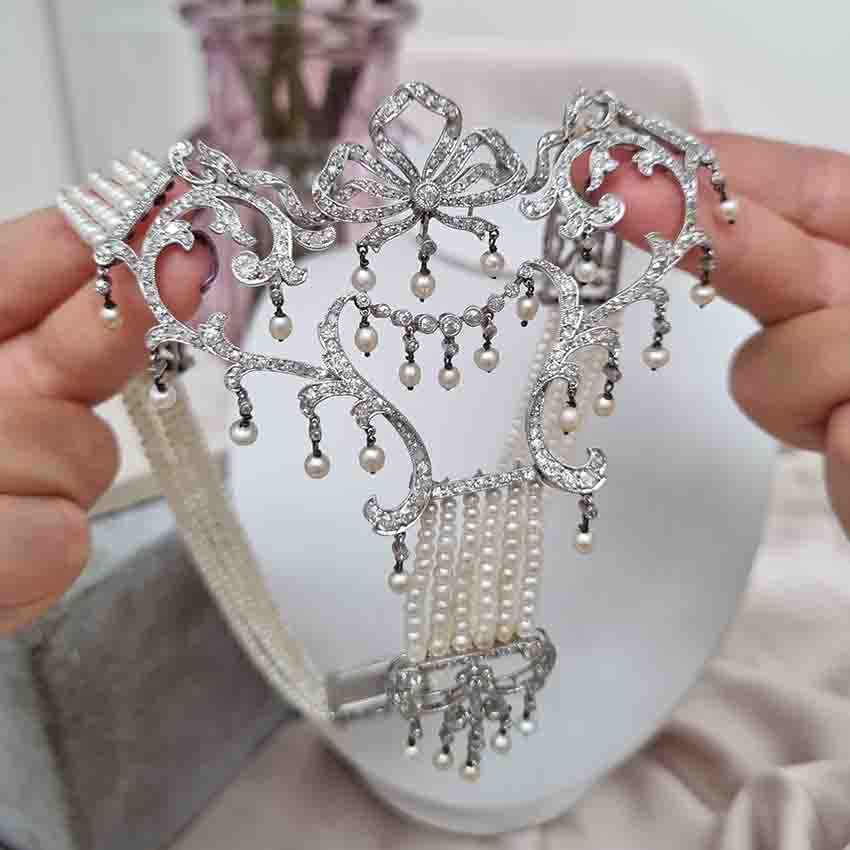 Edwardian Belle Epoque Antique Natural Pearl and Diamond Panel Swag Necklace