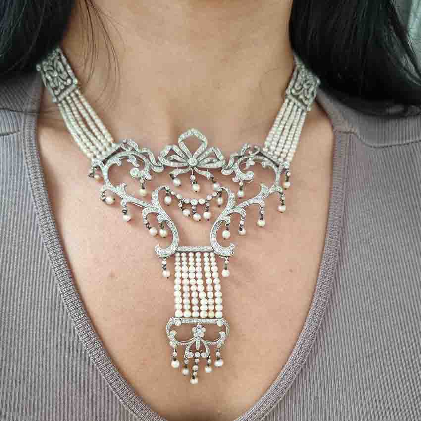 Edwardian Belle Epoque Antique Natural Pearl and Diamond Panel Swag Necklace