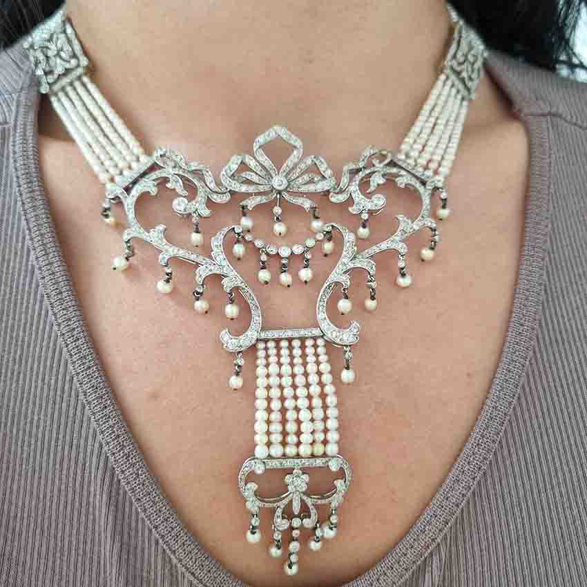 Edwardian Belle Epoque Antique Natural Pearl and Diamond Panel Swag Necklace