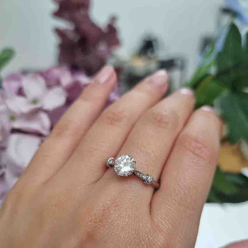 Vintage Antique Art Deco 1.10ct Old European Cut Diamond Solitaire Engagement Ring in platinum. Circa 1920s