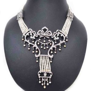 Edwardian Belle Epoque Antique Natural Pearl and Diamond Panel Swag Necklace