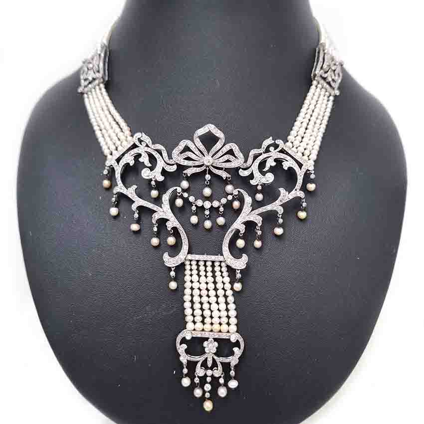 Edwardian Belle Epoque Antique Natural Pearl and Diamond Panel Swag Necklace
