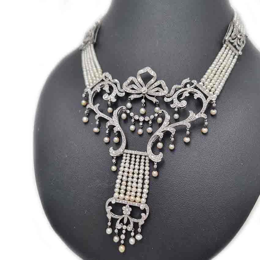 Edwardian Belle Epoque Antique Natural Pearl and Diamond Panel Swag Necklace
