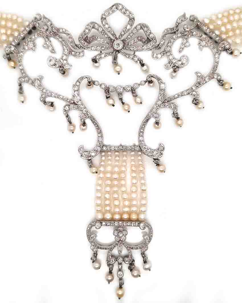 Edwardian Belle Epoque Antique Natural Pearl and Diamond Panel Swag Necklace