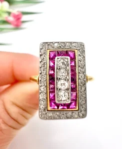 Art Deco Diamond and Ruby Cluster Tablet Ring