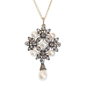 Victorian Antique Natural Pearl and Diamond Pendant Brooch, certified natural saltwater pearls in diamond diagonal latticework with detachable drop section