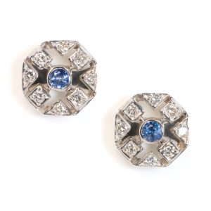 Edwardian Antique Sapphire and Diamond Cluster Stud Earrings, openwork octagon shape earrings in platinum and gold with single sapphire and diamonds