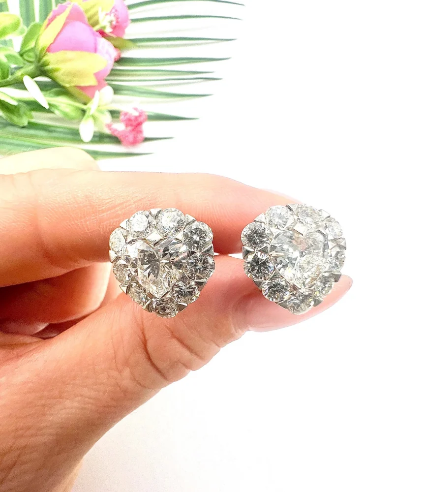Vintage French 5.80ct Heart Diamond Cluster Stud Earrings, Radiant heart-shaped diamonds beautifully framed by sparkling diamonds in 18ct white gold