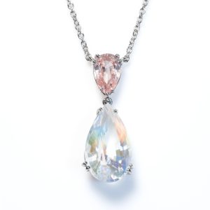 Natural No Heat Padparadscha Sapphire and Moonstone Pendant, pear 4.64ct Madagascan moonstone and pear 1.29ct Sri Lanka Padparadscha sapphire