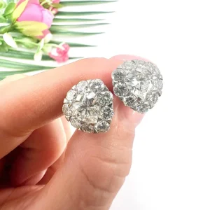 Vintage French 5.80ct Heart Diamond Cluster Stud Earrings, Radiant heart-shaped diamonds beautifully framed by sparkling diamonds in 18ct white gold