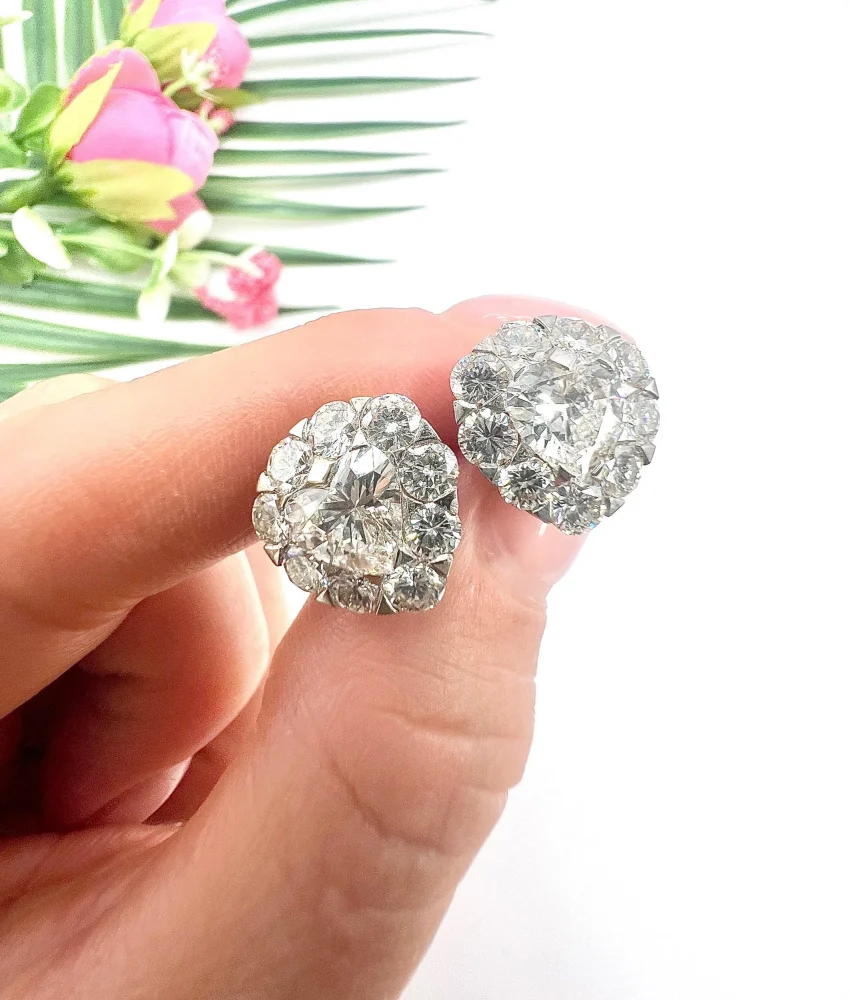 Vintage French 5.80ct Heart Diamond Cluster Stud Earrings, Radiant heart-shaped diamonds beautifully framed by sparkling diamonds in 18ct white gold