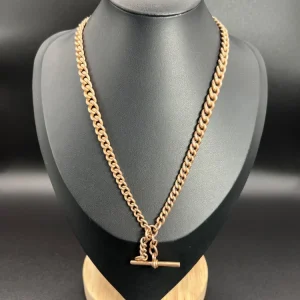 Antique 9ct Rose Gold Albert Chain Necklace, double graduated 9ct rose gold curb link Albert watch chain necklace, with double dog clip lobster fastening and T-bar. Circa 1900s