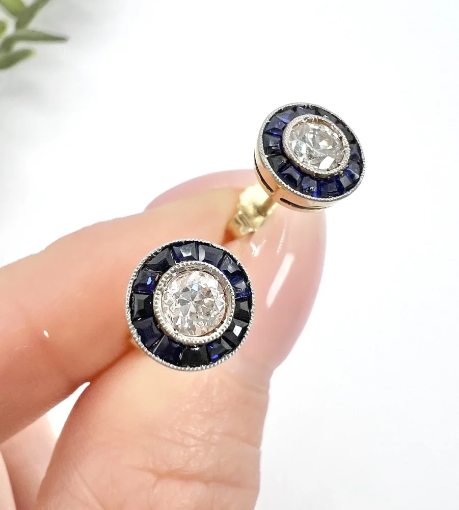 Art Deco Diamond and Sapphire Target Cluster Stud Earrings in platinum to 18ct yellow gold, Circa 1920s