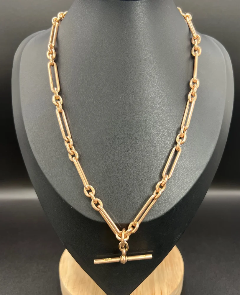 Antique 9ct Rose Gold Trombone and Fetter Link Albert Chain Necklace, Each link stamped with 9 & 375 with a swivel and bolt ring clasp and 36mm T-bar, Chester 1903