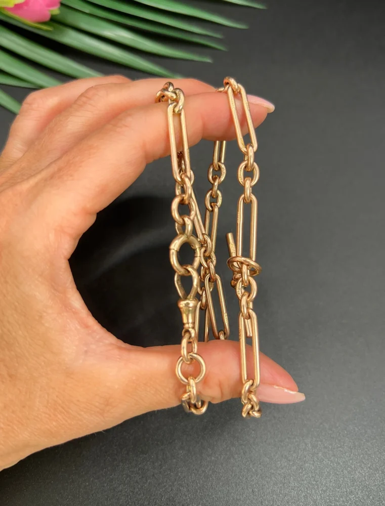 Antique 9ct Rose Gold Trombone and Fetter Link Albert Chain Necklace, Each link stamped with 9 & 375 with a swivel and bolt ring clasp and 36mm T-bar, Chester 1903