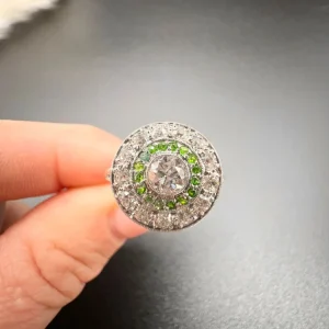 Edwardian Antique Demantoid Garnet and Diamond Double Cluster Target Engagement Ring in 18ct White Gold, Circa 1910