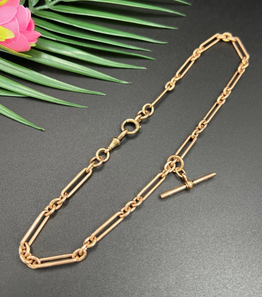 Antique 9ct Rose Gold Trombone and Fetter Link Albert Chain Necklace, Each link stamped with 9 & 375 with a swivel and bolt ring clasp and 36mm T-bar, Chester 1903