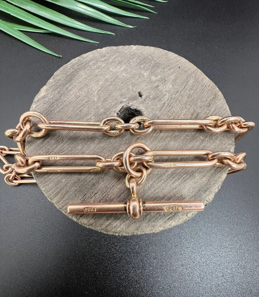 Antique 9ct Rose Gold Trombone and Fetter Link Albert Chain Necklace, Each link stamped with 9 & 375 with a swivel and bolt ring clasp and 36mm T-bar, Chester 1903