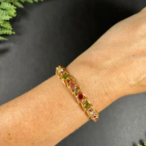 Vintage Aquamarine Peridot Citrine and Pink Tourmaline Multi Gemstone Harlequin Bracelet in 18ct Rose Gold