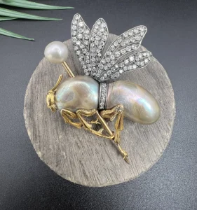 Vintage Abalone Pearl Insect Brooch with Diamonds