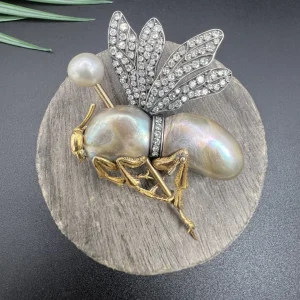 Vintage Abalone Pearl Insect Brooch with Diamonds, late Art Deco fly brooch with shimmering abalone pearl body and 2.50cts diamond wings in silver and 18ct yellow gold, Circa 1930s