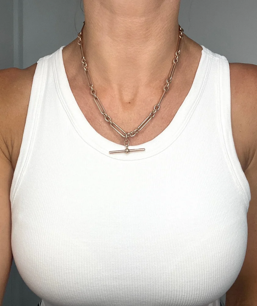 Antique 9ct Rose Gold Trombone and Fetter Link Albert Chain Necklace, Each link stamped with 9 & 375 with a swivel and bolt ring clasp and 36mm T-bar, Chester 1903