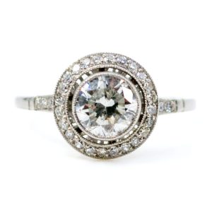 Vintage diamond halo ring in platinum.