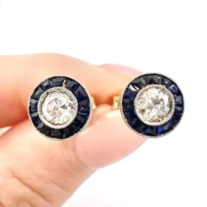 Art Deco Diamond and Sapphire Target Cluster Stud Earrings in platinum to 18ct yellow gold, Circa 1920s