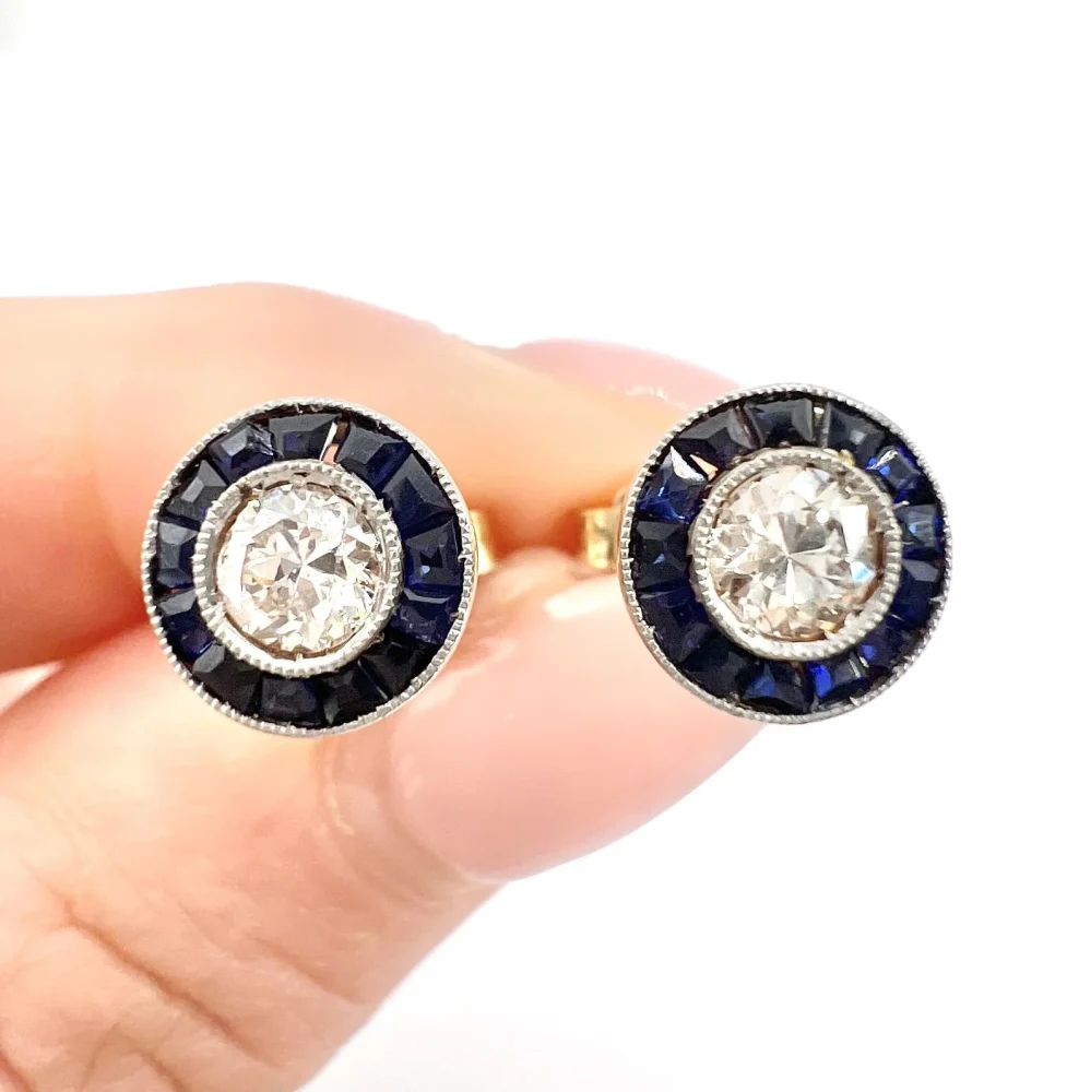 Art Deco Diamond and Sapphire Target Cluster Stud Earrings in platinum to 18ct yellow gold, Circa 1920s